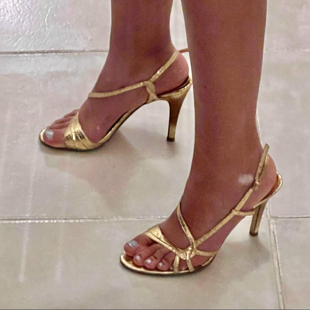 Nine West Gold faux snakeskin stiletto open toed sandals